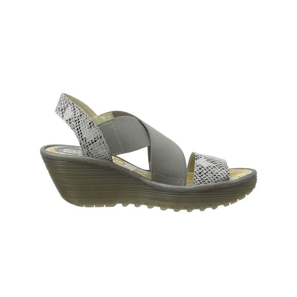 Fly London Yagi Elastic Leather Low Wedge Snake-print Sandal Grey Size 39 - Picture 3 of 12
